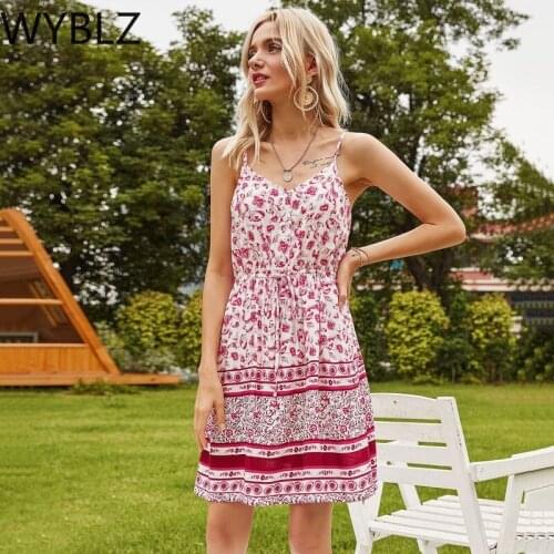 WYBLZ New Casual Womens Dresses Clothing Summer Dress Floral V-neck Sleeveless Dress Boho Beach Holiday Sundress Vestidos
