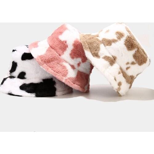 Female Autumn Winter Cow Pattern Fisherman Cap Plush Thickened Warm Basin Hat Soft Warm Hats Winter Outdoor Casual Accessories