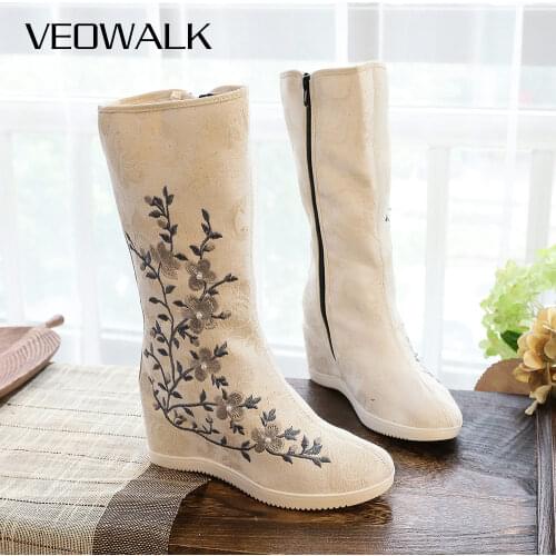 Veowalk Beaded Women High End Jacquard Fabric Mid Calf Boots with Inside Wedge Retro Chinese Embroidered Shoes for Ladies