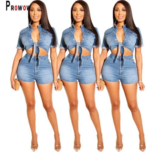 Prowow Denim Women Set Summer Fashion Corset Tops Short Two Piece Matching Suits 2021 New Arrivals Female Streetwear Clothing