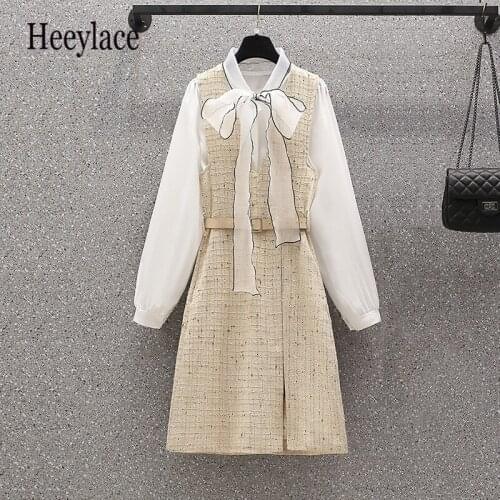 Plus Size Office Ladies Elegant Two Pieces Set 4XL Women Bow Collar Long Sleeve White Blouse And Tweed Vest Dresses Suits Women