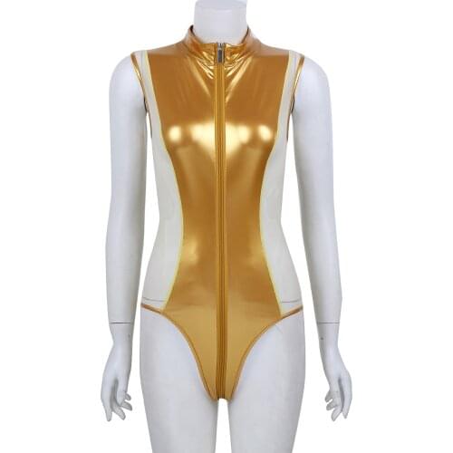 Women Shiny Patent Leather and Sheer Mesh Splice Zipper Open Crotch High Cut Bodysuit Thong Swimsuit