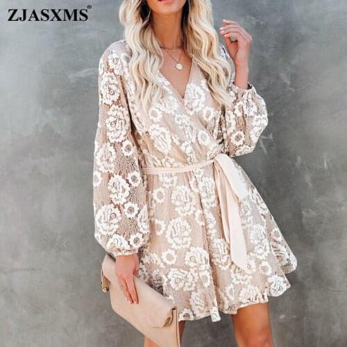 Boho Dress 2021 Spring Embroidery Flower Lace Office Lady Mini Dress Women Sexy V Neck Lantern Sleeve Ruffle Summer Dresses Belt