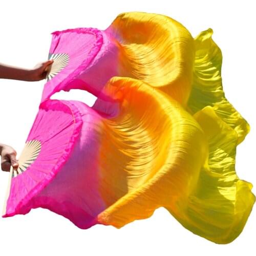 100% silk belly dance fans natural silk belly dance long fans 1pair handmade dyed belly dancing fans rose+orange+yellow 180x90cm