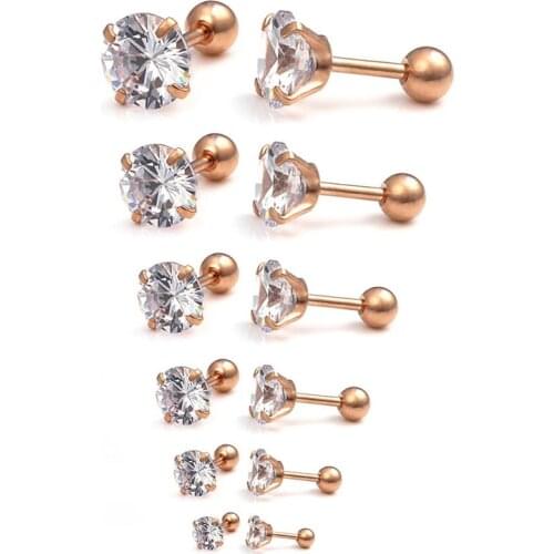 16G Stainless Steel Cubic Zirconia Tragus Earrings Women Helix Earring Stud Body Jewelry Piercing Set 3-8mm 6Pairs