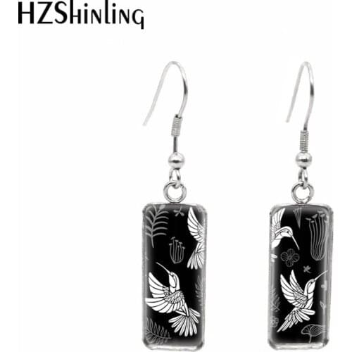 2020 New Hummingbird Art Painting Earring Fashion Rectangular Hook Earrings Glass Cabochon Jewelry Handmade