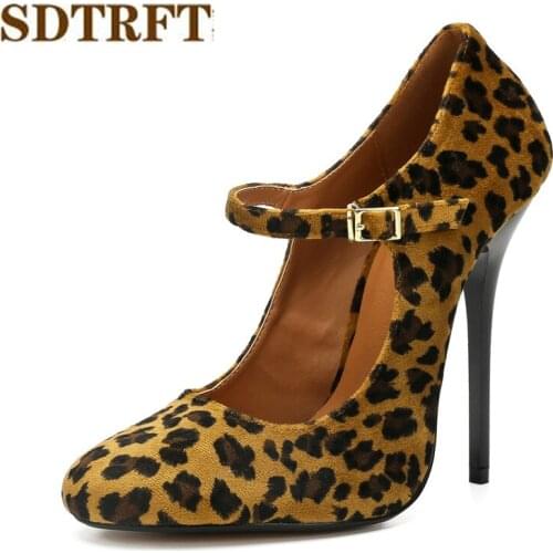 CDTS Plus:37-45 46 Spring Autumn Flock shoes Woman Party 13cm thin High Heels Leopard wedding Buckle pumps Dress sapato feminino