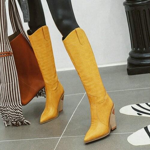 Black Yellow White Knee High Boots Western Cowboy Boots for Women Long Winter Boots Pointed Toe Cowgirl Wedges Motorcycle Boots