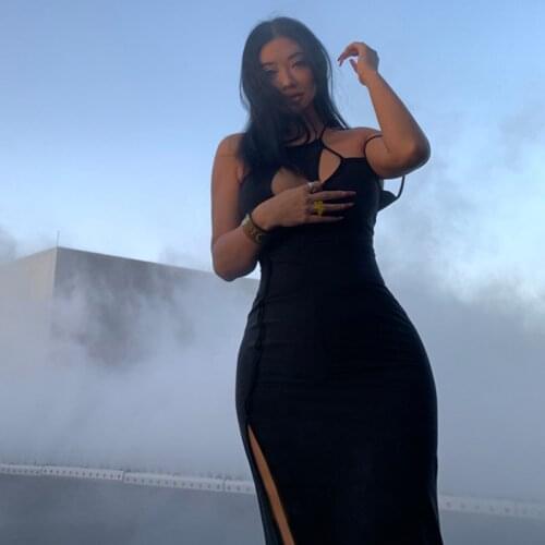 Chong! The goddess tears, high elasticity, irregular hollow design on the chest, midnight blue and black one-piece dress 21.6