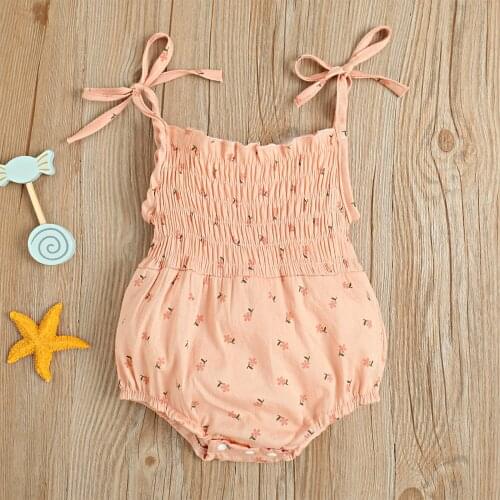 2021 Summer New 0-18M Cute Infant Baby Girl Playsuit Floral Print Sleeveless Bandage Pleated Cotton Romper Jumpsuit