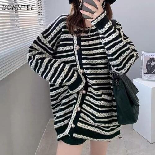 Cardigan Women Leisure Striped Button Vintage All-match Elegant O-neck Loose Sweater Ulzzang Female Simple Cozy Fashion College