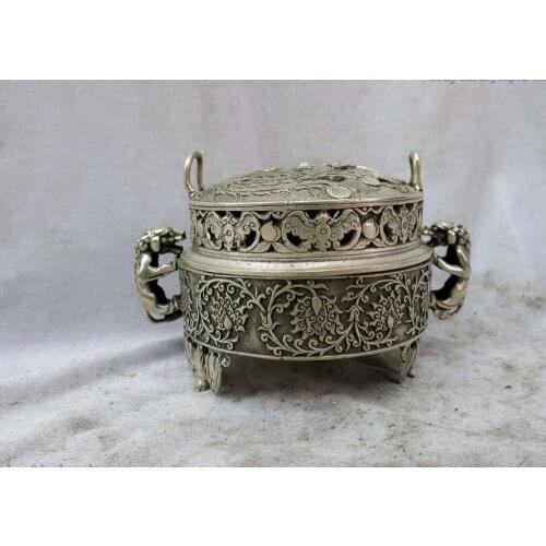 China silver carved bat dragon phoenix censer incense burner Sculpture Statue