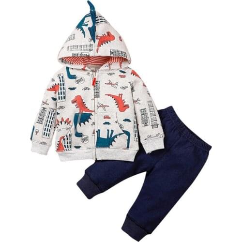 2pc Newborn Baby Clothes Autumn Infant Boys Cartoon Dinosaur Print Hooded Zipper Jacket Sweatshirt+Pants Clothing Outfits Set