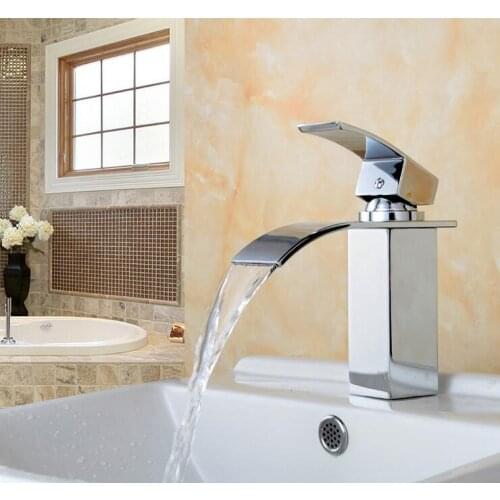 Bathroom wash basin faucet waterfall, Brass sink basin faucet water tap kitchen, Copper single hole basin faucet hot and cold