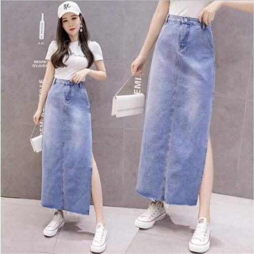 Best Sale 2020 New Fresh and Sweet Summer Denim Skirt Korean High-waist One-step Skirt Side Fork Long Skirt Womens Skirts