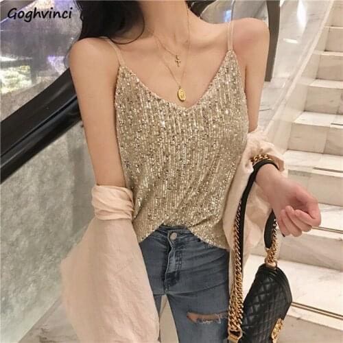 Women Camis Sequined Bling V-neck Sleeveless Sexy Club Wear Summer Female Clothes Korean Style Fashion Chic Shaped Mature New