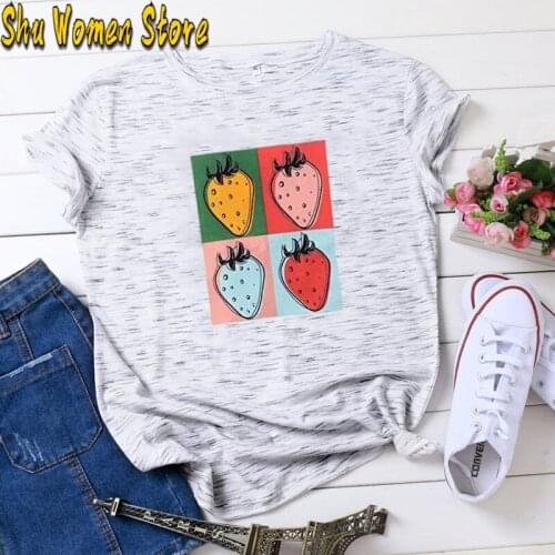 Sweet Strawberry Cute Cartoon Graphic Pink Girls Summer Streetwear Casual Top Japan Fun Kawaii Casual Vintage women T-shirt
