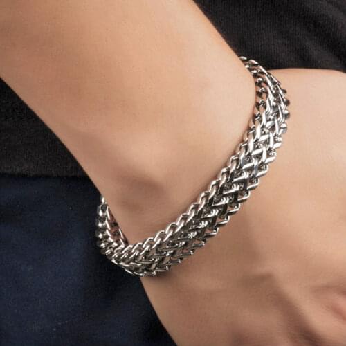 Vintage Cool Double Curb Silver Color Chain Bracelets for Men Stainless Steel Punk Cubic Chain Male Pulseira