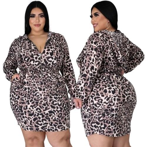 New Plus Size Womens Hooded Leopard Print Slim Hip Loose Casual Dress Long Sleeve Sexy skirt Plus Size Clothing for Women L-4XL