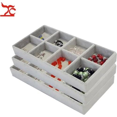 Wholesale 3Pcs/Lot Grey Velvet Jewelry Storage Box Portable 8 Grids Bead Bracelet Ring Pendant Jewelry Organizer Container Tray