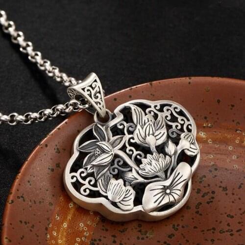 Original designer craftsmanship to create a retro lotus wishful long necklace pendant charm lady brand silver jewelry