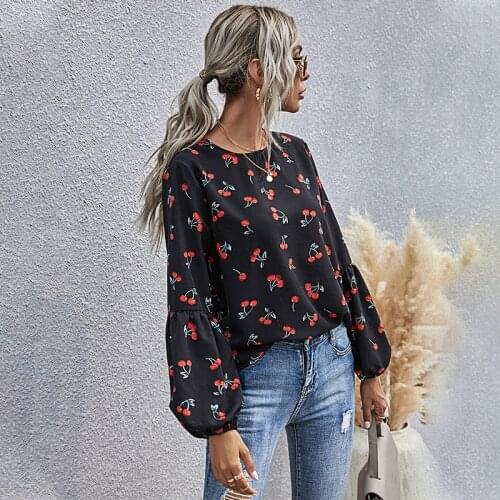 Autumn Blouse Women Fruit Pattern Casual Long-sleeved Ladies Fashion Top Slim Fit O-Neck Vintage Top Long Sleeve Casual Black