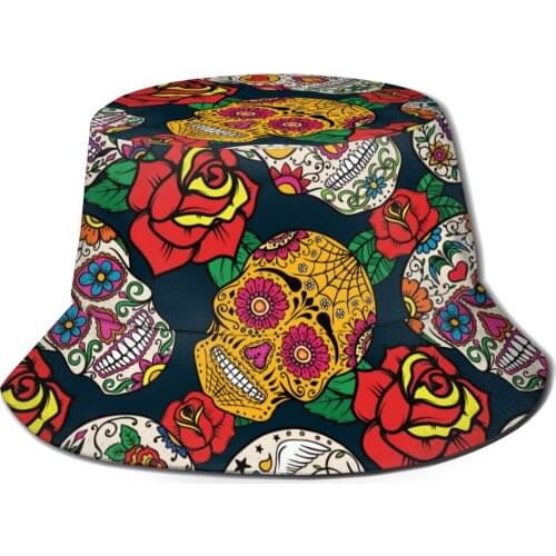 CINESSD Mexican Sugar Skull With Rose Bucket Hat Summer Hats Fisherman Hat Foldable Women Men Sunscreen Shade Caps