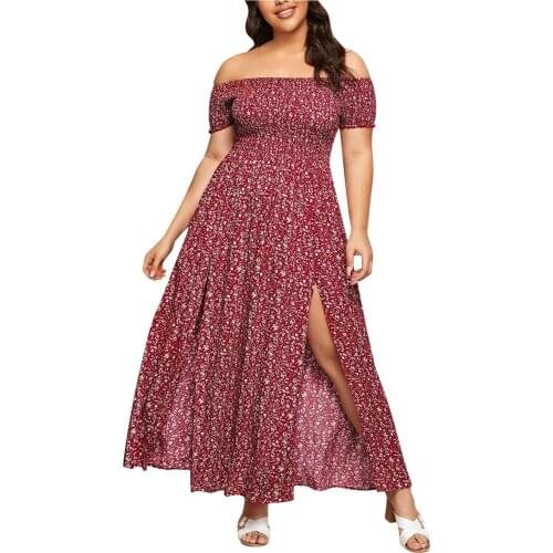 Slash Neck Maxi Dresses Ankle-length Slit Vestidos Plus Size Plus Off Shoulder Floral Dress A-line Loose Oversized Sukienka