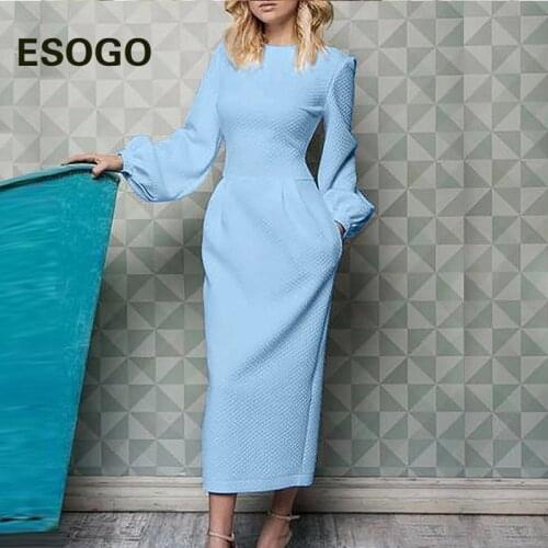 Elegant Solid Blue Lantern Sleeve Maxi Dress Loose High Waist O Neck Party Women Dresses Autumn Winter Casual Dresses Vestidos