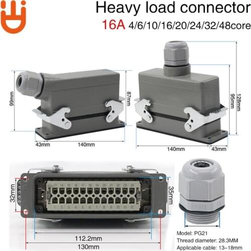 Heavy duty connector rectangular hdc-he-04/6/16/20/24/32/48 core aviation plug top line and side line 16A
