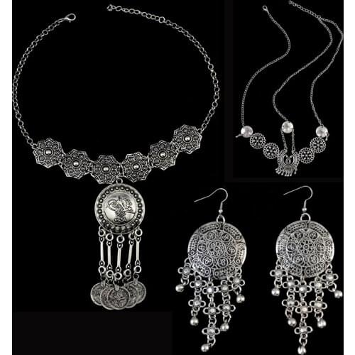 Bohemian Vintage Silver color hollow out flower coin Alloy Choker Large Pendant Necklace Earring hairband Indian Jewelry set