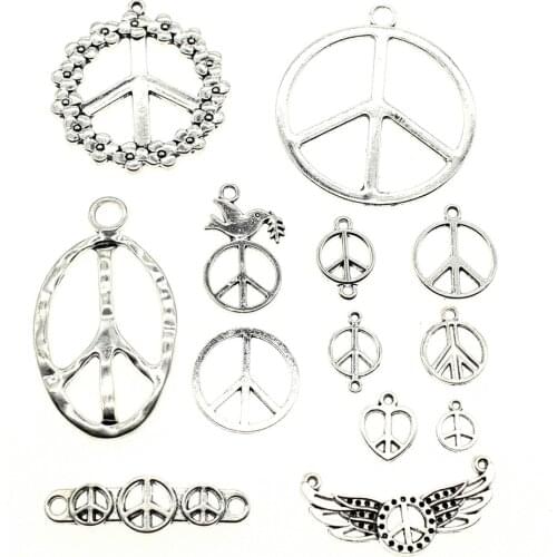 WYSIWYG 40g Antique Silver Color Zinc Alloy Random Mix Styles Peace Sign Charms DIY Handmade Craft For Jewelry Making