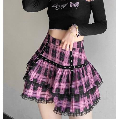 Punk Sweet Lace Kawaii Gothic Japanese Harajuku Girls Purple Pink Plaid Pleated Skirt Lolita Cake Mini Skirts Cosplay Costume