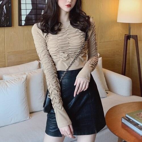 Female t shirt korean version wild pleated slim elastic stretch fleece base long-sleeved woman cloth sexy t-shirt women tshirt