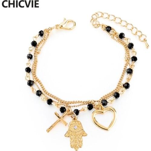 CHICVIE Gold Color Hand Heart Chain & Link Charm Bracelet & Bangles Femme Black Crystal Bracelet Famous Brand Jewelry SBR160050