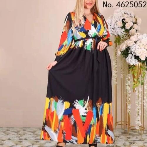 2021 New Printed Dresses Wave Point Flower Print Long Sleeve V-neck Maxi Dresses Women Party Vacation Outfits Fall Fashion XXL