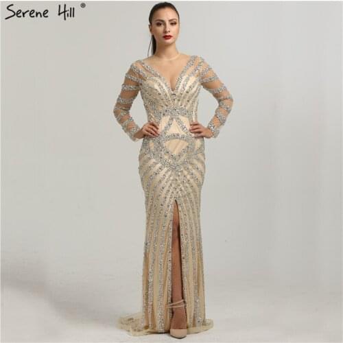 New Design Illusion Back Prom Dress Party Dubai Robe De Soiree 2020 Sexy Front Split Long Sleeve Mermaid Evening Dresses BLA6281