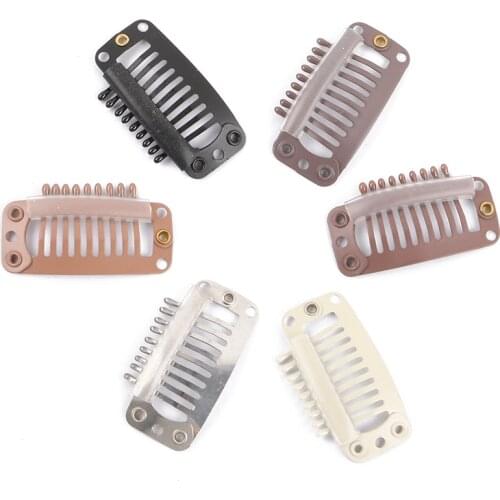 100Pcs 3.2cm 9-Teeth Hair Extension Clips Snap Metal Clips With Silicone Back For Clip in Human Hair Extensions Wig Comb Clips
