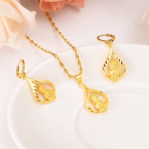 24K Gold earrings pendant Necklace for women girls Gold Jewelry set Buddha Chinese gifts