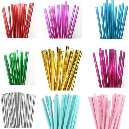 25pcs Foil Solid Paper Straws 1pcs Flamingo Straws Wedding Party Favors Paper Drinking Straws Birthday Baby Shower Party Decor