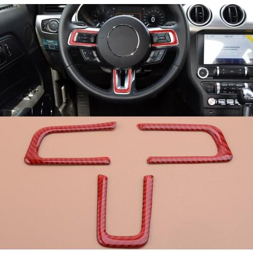 3Pcs/Set Red Carbon Fiber Inner Steering Wheel Decor Frame Trim Cover Moulding fit for Ford Mustang 2015 2016 2017 2018 2019