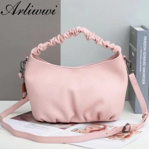 Arliwwi 100% Soft Genuine Leather Ruches Womens Handbag Candy Colors Ladies Shoulder Bags Messenger Satchel Cross Body Bag
