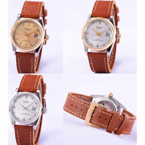 PARNIS Luxury Self Winding Men Wristwatch Sapphire Glass 36mm Silver Color Case Date Function Watches Automatic Movement