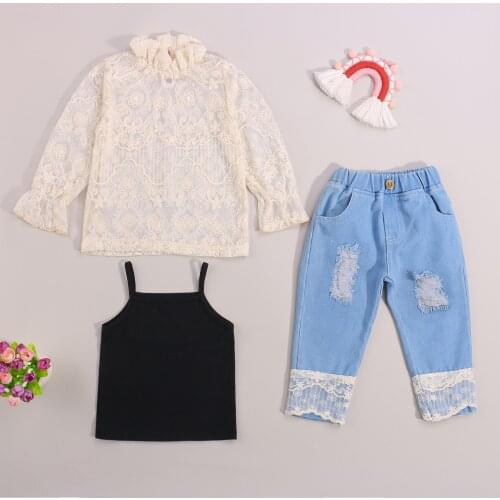 Lioraitiin 0-3years Toddler Baby Girl 3Pcs Fashion Cute Clothing Set Black Camisole Beige Turtleneck Pullover Broken Holes Jeans