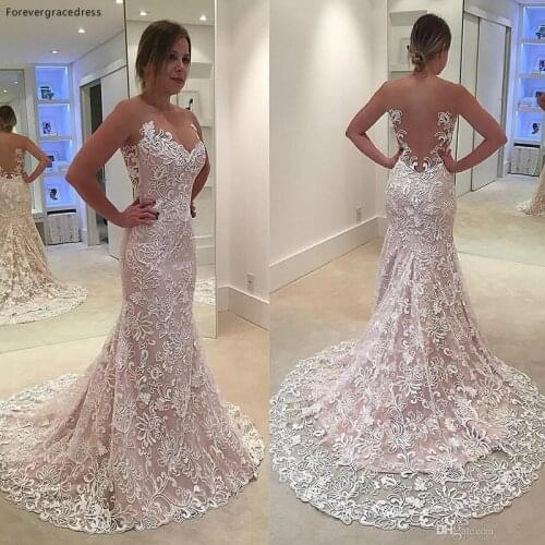 Mermaid Lace Backless Wedding Dress Luxury Sheer Crew Neck Illusion Dubai Bridal Gown Plus Size Custom Made