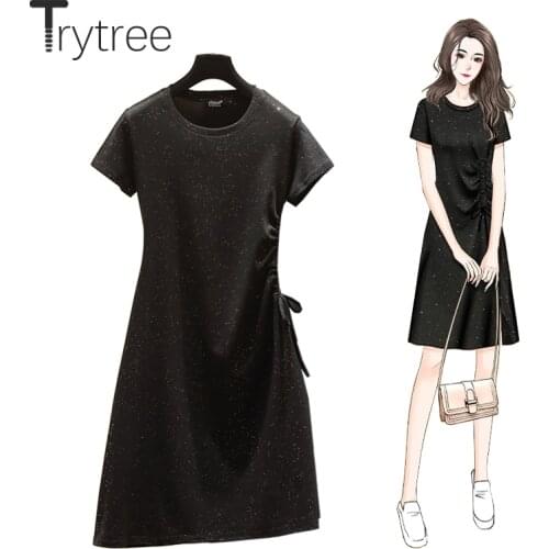 Trytree 2021 Summer Womens Dress Casual Shining O-neck Side Drawstring Waist Elastic Solid Knee-Length Black Dress Streetwear