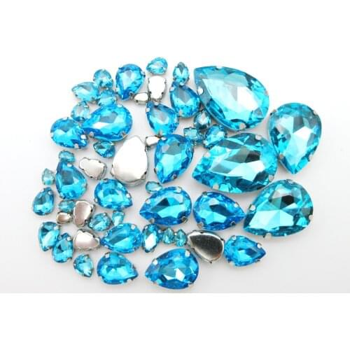 Mix water drop shape 7 sizes silver claw setting aquamarine crystal strass sew on rhinestone clothes shoes bags diy decoration