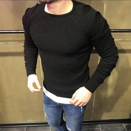 2019 Autumn Mens Pullover Casual Fitness Solid Sweater O-Neck Bodycon Long Sleeve Knitted Male Winter Jersey Hole on Shoulder