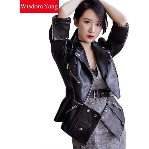 Autumn Black Sheepskin Leather Coat Jackets Genuine Motorcycle Jacket Womens Tops Ladies asymmetrical Coats Overcoat Outerwear