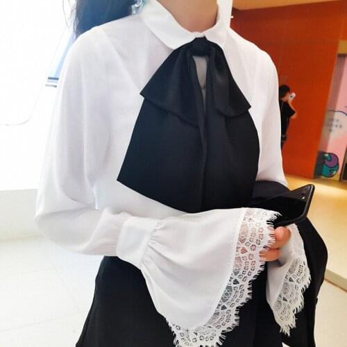 Lapel 2021 temperament bow horn exquisite lace edge Long Sleeve Chiffon shirt large shirt girl